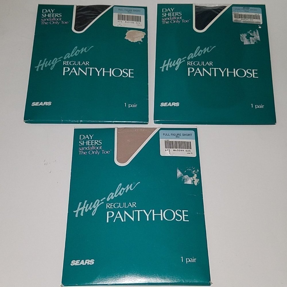 NEW 3 Hug-alon Pantyhose Full Figure Short 2 Navy 1 Mist Day Sheer Lot Sears VTG
